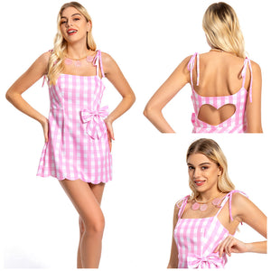 2023 Barbie, Margot Robbie Barbie rosa Sommer Kleid mit Gitter Muster Cosplay Kostüm