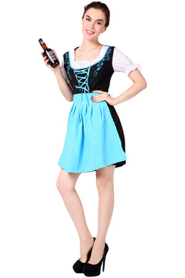 Oktoberfest Dirndl Damen Trachtenkleid mit Schürze Cosplay Kostüm Blau Rot