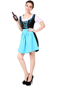 Oktoberfest Dirndl Damen Trachtenkleid mit Schürze Cosplay Kostüm Blau Rot