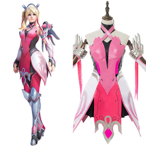 Overwatch Mercy Angela Ziegler Cosplay Kostüm Rosa Kleid