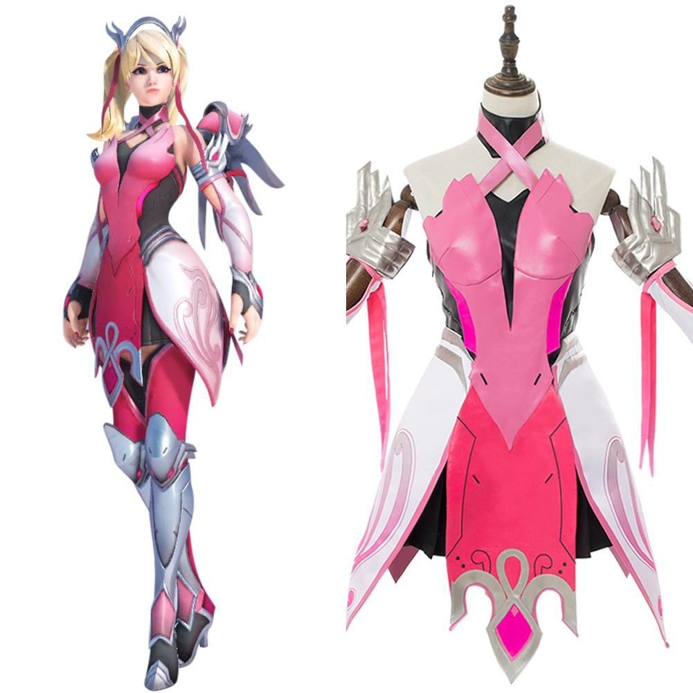 Overwatch Mercy Angela Ziegler Cosplay Kostüm Rosa Kleid